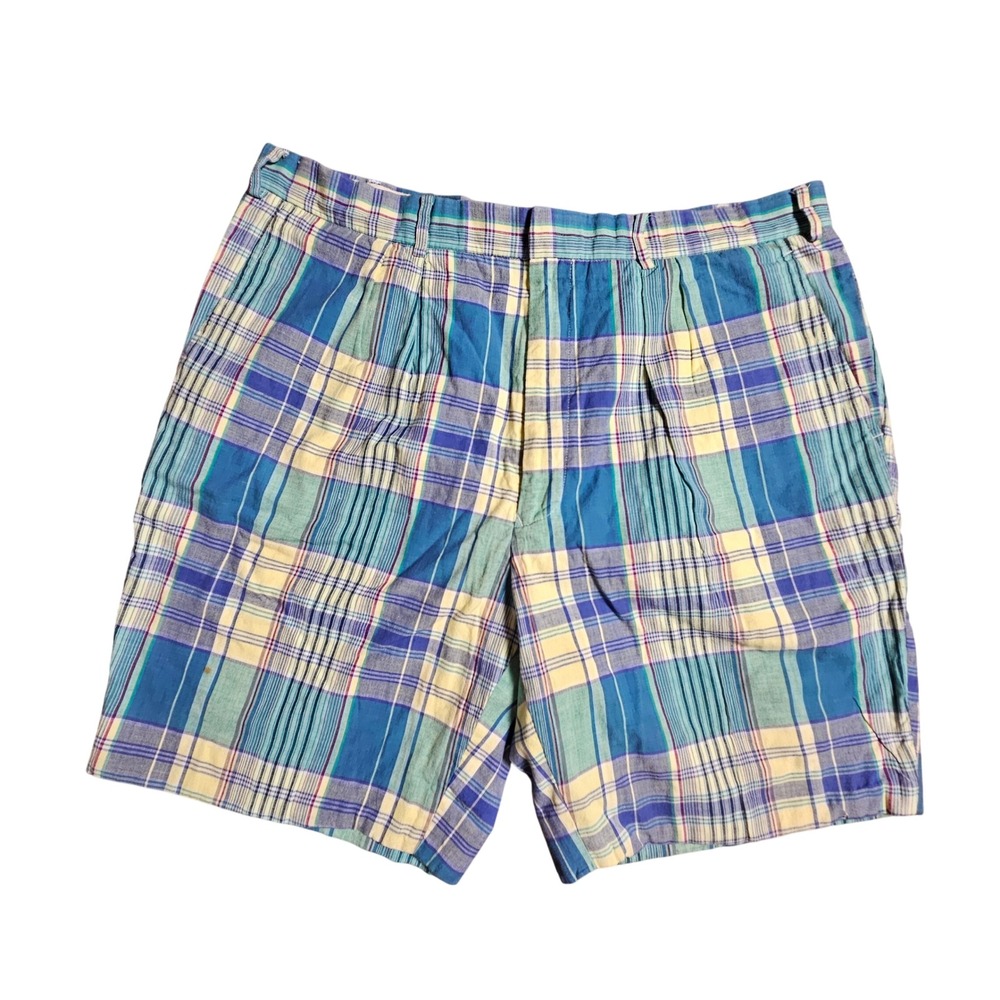 Vintage Island Casuals Bermuda Cayman Plaid Pleated Cotton Shorts 40 Preppy
